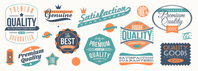 Set of premium and quality labels, emblems and badges. Vector illustration.