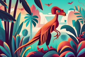 Anthropomorphic artistic image of jungle raptor in distance, illustration
