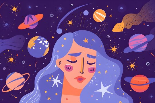 Womans face in dream with closed eyes and surreal violet world with stars. fish and planets in her hair, illustration