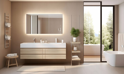 Interior of modern bedroom with white walls, wooden floor, comfortable king size bed and wooden wardrobe. 3d rendering