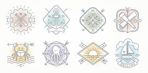 Set of adventures and travel line emblems, signs and labels. Line vector illustration.