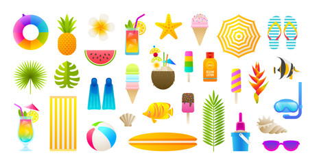 Set of summer holiday and tropical beach vacation objects, things and items. Vector illustration.