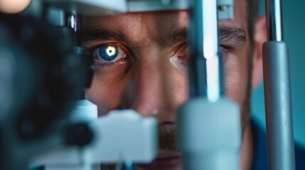 Close-up of a man's face with one eye visible through the diagnostic equipment during an ophthalmological examination. - obrazy, fototapety, plakaty