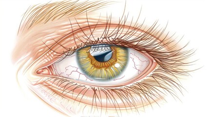 Artistic rendering of a human eye, highlighting detailed anatomy with clear iris, pupil, and eyelashes in a scientific illustration.