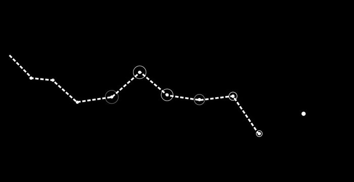 Step-by-step roadmap with included highlighted points. White dotted line with dots on a black background. Business goal achievement schedule. A movement effect has been created. Cg