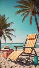 Beach setting with a chair, palm trees and a cool box