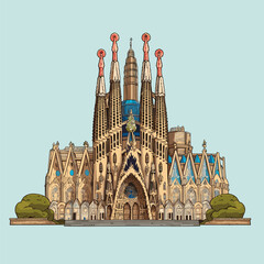 Sagrada Familia hand-drawn comic illustration. Sagrada Familia. Vector doodle style cartoon illustration - obrazy, fototapety, plakaty