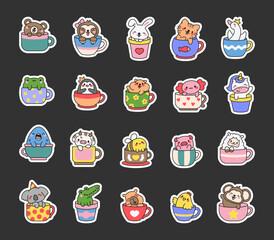 Cute kawaii animals in a cup. Sticker Bookmark. Funny adorable cartoon character.