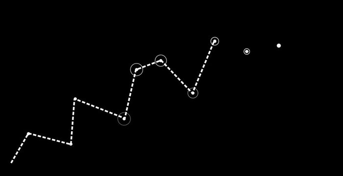 Step-by-step roadmap with included highlighted points. White dotted line with dots on a black background. A movement effect has been created. Cg