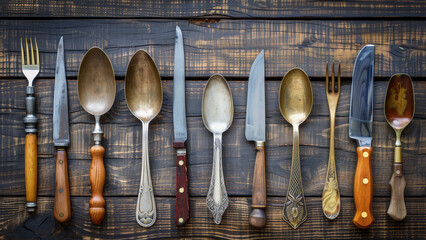 Vintage cutlery set on wooden table background top view. - obrazy, fototapety, plakaty
