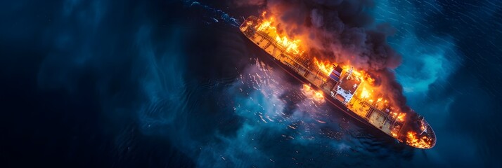 Burning Vessel Engulfed in Flames Adrift on Turbulent Oceanic Waves,Catastrophic Disaster at Sea - obrazy, fototapety, plakaty