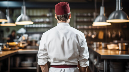 Professional chef wearing a white coat and red toque in a commercial kitchen