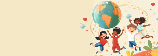 Fototapeta premium Children jumping for joy on the background of the globe on a green background. The concept of International Children's Day. 