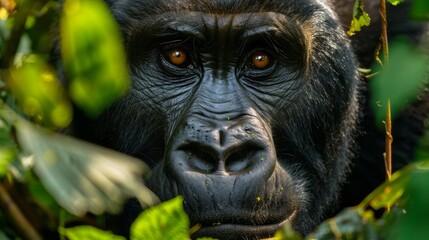 A close up of a gorilla's face with its eyes open