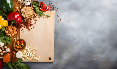 Top view of a cutting board with ingredients for pizza on a dark background