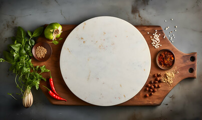 Top view of a cutting board with ingredients for pizza on a dark background