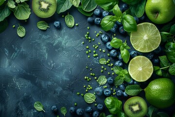 Fruit background with lime, kiwi, blueberry and basil with mint, green diet copy space