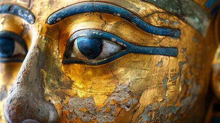 The gold and blue face of a statue with gold eyes