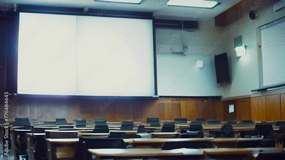 Poster the stillness of the lecture hall captured through the lens of a camera the untouched whiteboard and