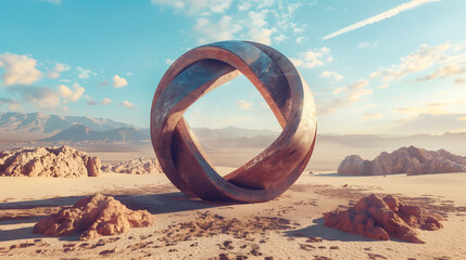 Abstract sculpture and building in the desert. Realistic mysterious extraterrestrial landscape from another planet	 - obrazy, fototapety, plakaty