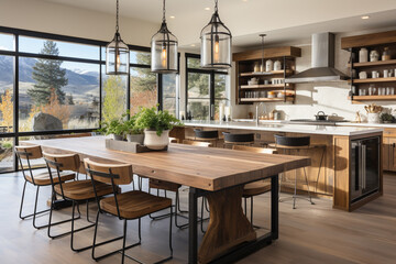 Modern kitchen with large windows overlooking a mountainous landscape and a wooden dining area