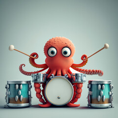 An illustration of an octopus skillfully playing a drum set, its multiple limbs synchronizing harmoniously to produce rhythmic beats that sends echos through the silent depths of its underwater abode. - obrazy, fototapety, plakaty