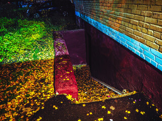 staircase to the basement on the street among litter leaves