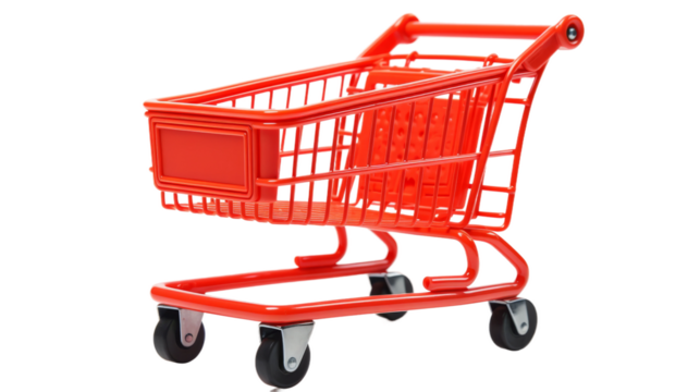 Red Shopping Cart on White Background. On a White or Clear Surface PNG Transparent Background.