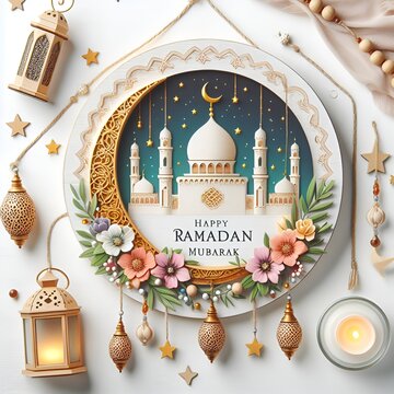 Plate with Artistic Depiction of a Mosque and Lanterns