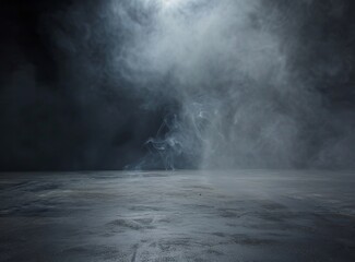 A dimly lit room with smoke billowing from the ceiling