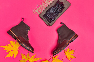 View of Premium Dark Brown Grain Brogue Derby Boots Made of Calf Leather with Rubber Sole Placed With Maple Leaves and Scarf With Gloves - 770485606
