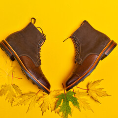 View of Premium Dark Brown Grain Brogue Derby Boots Made of Calf Leather with Rubber Sole Placed With Maple Leaves Over Yellow. - 770485829