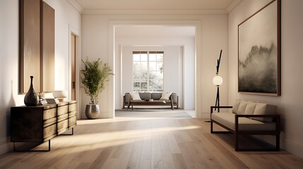 an image using AI that captures the essence of a chic, minimalist foyer with Design Within Reach furniture, where clean lines and simple elegance prevail, complemented by soft, recessed lighting