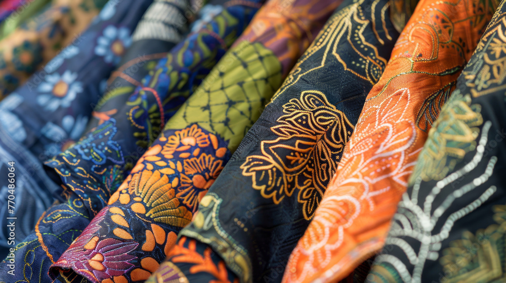 Poster close-up shot of an assortment of traditional fabrics with colorful patterns and textures representi