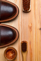 Various Shoes Cleaning Accessories for Dark Brown Grain Brogue Derby Boots Made of Calf Leather
