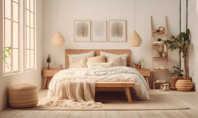 Interior of modern bedroom with white walls, wooden floor, comfortable king size bed and wooden...