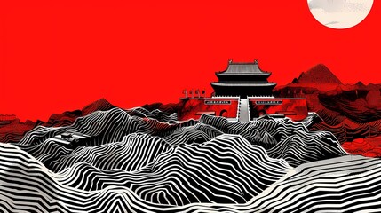 Black and white red lines landscape painting poster abstract background