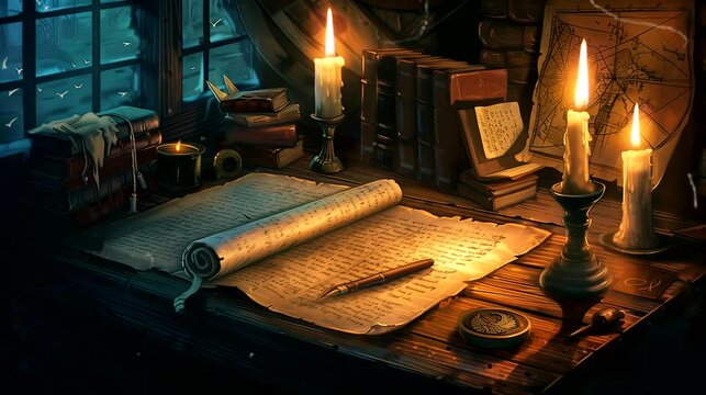 Antique desk with quill pen with candlelight. Vintage old timey effects looping 4k video animation background