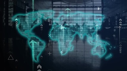 The arrows are moving upward against the background of a large room with a crowd of people in blur and a digital map of the world. Visualization of consumer society and added value. Cg footage - Powered by Adobe