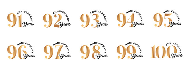 set of anniversary logos from 91 year to 100 years with gold numbers on a white background for celebratory moments,celebration event.
