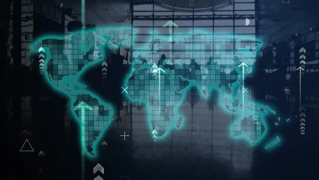 The arrows are moving upward against the background of a large room with a crowd of people in blur and a digital map of the world. Visualization of consumer society and added value. Cg footage - Powered by Adobe