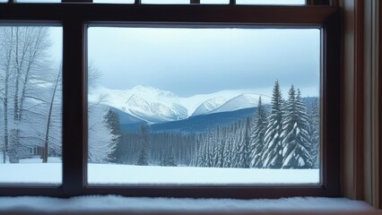 A window view of a snowy mountain range with a cabin in the distance. The scene is peaceful and serene, with the snow-covered landscape creating a sense of calm and tranquility