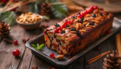 Fruit cake with nuts on a wooden board. Christmas time.