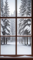 A window with a view of a snowy mountain range. The view is serene and peaceful, with the snow-covered trees and mountains creating a sense of calm and tranquility