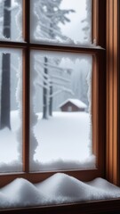 A window with a view of a snowy mountain range. The view is serene and peaceful, with the snow-covered trees and mountains creating a sense of calm and tranquility