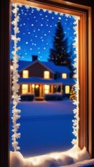 .A window view of a house with a Christmas tree and a few other trees. The snow is piled up on the ground and the street lights are on.