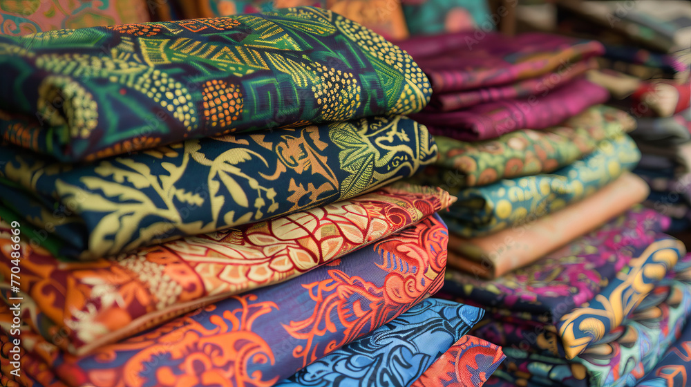 Poster close-up of an array of batik fabric rolls, highlighting the intricate patterns and rich colors in t