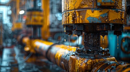 Close-up of Offshore Oil Drilling Equipment. Close-up shot of vibrant yellow offshore oil drilling machinery, with dripping oil, emphasizing industrial details.