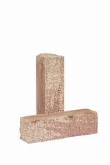 Materials Ideas. Pair of Solid Artificially Aged Elongated Washed Light Red Bricks for Building Construction Works Isolated - 770486687