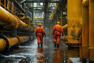 Industrial Workers Patrolling Oil Rig Interior. Two oil rig workers in orange safety suits patrolling inside the vast and complex structure of an offshore oil platform.